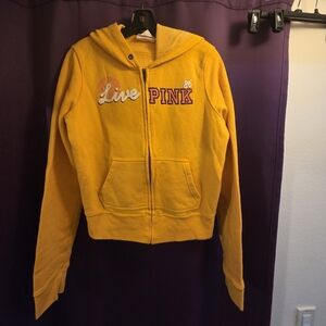 PINK Victoria's Secret Y2K Yellow Zip-Up Hoodie with Embroidered Details